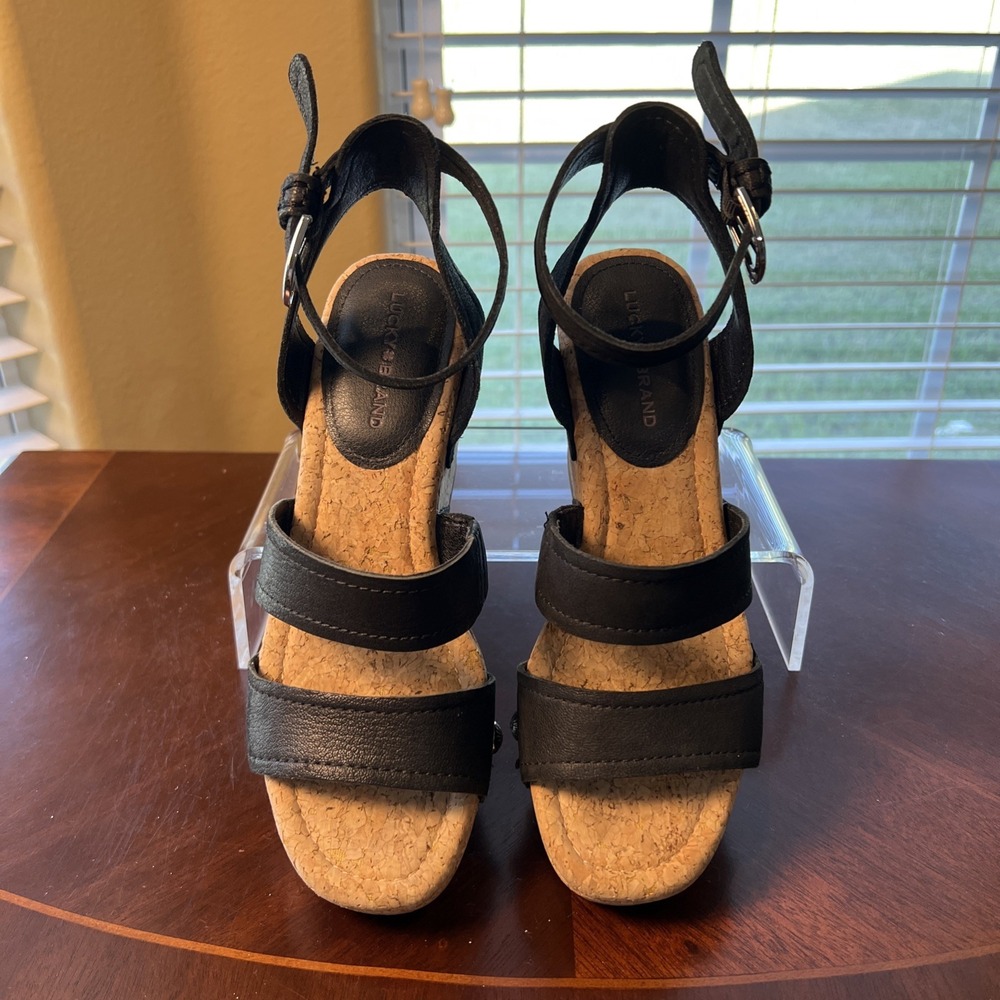 Lucky Brand Valintina Black Leather Strappy Platform Cork Wedge Sandals Sz 7